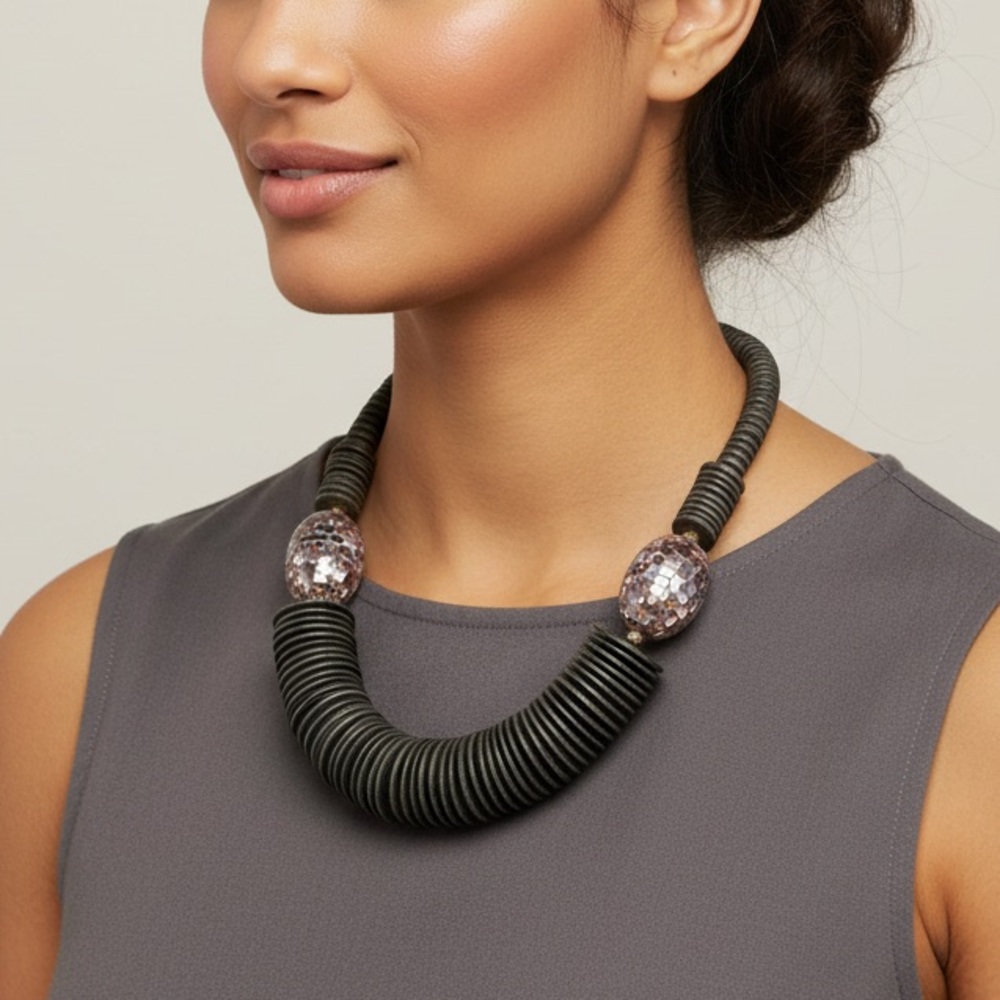 Vintage 90’s African Blackwood Disc Necklace With Marbled Accent Beads